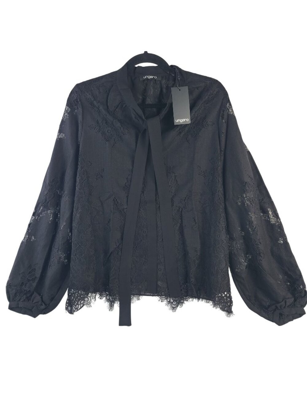NEW Ungaro Women's Jada Black Lace Blouse Tie Neck Balloon Sleeves Sz M